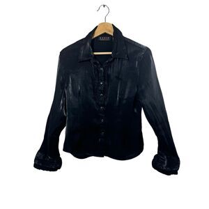 Maria Gabrielle Black Long Sleeve Button Up Blouse Size M Ruffle Trim Collared